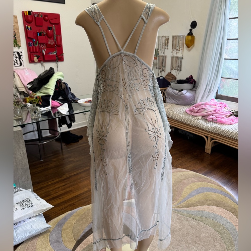 Free People Baby Blue Sheer Lace Dress w/ Intricate Beading size S - Picture 11 of 15